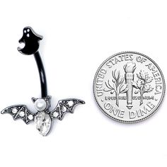 Clear Gem Black Ghost Vampire Bat Halloween Double Mount Belly Ring Start your Halloween shopping with a little treat for yourself with this 14 gauge navel jewelry with tons of holiday spirit. Made with a 3/8" black PVD over 316L surgical grade stainless steel curved barbell, this navel piercing features a black ghost top charm and a vampire bat bottom charm set with clear gems and a white orb for very spooky style.Specifications14 Gauge (1.6mm), 3/8" (10mm), Black PVD over 316L Surgical Grade S Halloween Silver Body Jewelry Gift, Silver Body Jewelry For Halloween, Gothic Piercings For Halloween Gift, Edgy Halloween Jewelry For Costume Party, Gothic Adjustable Body Jewelry For Halloween, Adjustable Gothic Body Jewelry For Halloween, Black Piercings For Halloween Gift, Adjustable Silver Body Jewelry For Halloween, Black Ghost