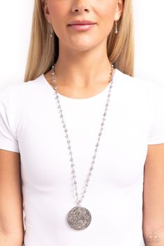 Stamped in a floral motif, an oversized silver medallion blooms from the bottom of an extended silver chain adorned with silver pearls and smoky crystal-like beads for a whimsical flair. Features an adjustable clasp closure. Sold as one individual necklace. Includes one pair of matching earrings. Smoky Crystal, Paparazzi Party, Paparazzi Accessories, Stylish Jewelry, Fabulous Fashion, Silver Pearls, New Releases, Floral Motif, Matching Earrings