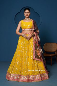 Stunning Yellow Lehenga Choli For Women Haldi Special Lehengas Wedding Party Wear Chaniya Choli Ready To Wear Lhenga Reception Wear Lahengas Details  Lehenga Lehenga Fabric : Georgette Lehenga Work : zari thread sequence embroidery Inner : Micro Cotton Size : Semi Stitched Up to 44 Length : 42 Choli Choli Fabric : Georgette Choli Work : zari thread sequence embroidery Size : 1 Mtr Dupatta Dupatta Fabric : organza Dupatta Work : floral print with zari thread sequence embroidered Border Semi stitc Designer Yellow Georgette Choli, Semi-stitched Yellow Choli With Motifs, Luxury Semi-stitched Yellow Choli, Yellow Georgette Choli, Semi-stitched Yellow Choli, Yellow Lehenga Choli, Lehengas Wedding, Lehenga Choli For Women, Choli For Women