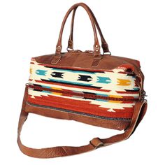 a brown handbag with multicolored designs on it