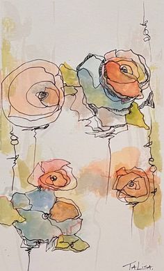 watercolor and ink drawing of flowers on white paper with orange, yellow and blue colors