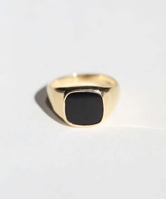 This is a traditional signet ring in square shape with onyx set in 14k yellow gold. NO ENGRAVING Specifications: 14k yellow gold, 10mm square black onyx, 3mm at back of ring. Please contact us regarding other metal colors, or rush orders. Custom made in approx. 4 weeks. Contact us for rush orders. Please contact us for sizes not listed shop@machastudio.com Please note custom pieces are not valid for refund or exchange. 14k Gold Black Signet Ring With Polished Finish, Formal Gold Onyx Signet Ring, Timeless Onyx Signet Ring With Polished Finish, Elegant Onyx Rectangular Signet Ring, Luxury Onyx Signet Ring With Gemstone, Onyx Signet Ring, Salt And Pepper Diamond, Emerald Jewelry, Pendant Bracelet