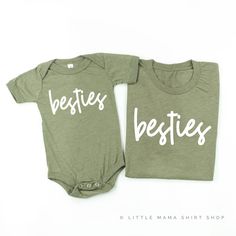 Besties - Set of 2 Matching Shirts – Little Mama Shirt Shop LLC Basic Green Shirt With Letter Print, Green Basic Shirt With Letter Print, Green Family Matching Shirt With Graphic Print, Green Family Matching Graphic Print Shirt, Green Graphic Print Family Matching Shirt, Green Cotton Shirt With Name Print, Green Relaxed Fit Top With Name Print, Green Casual Shirt With Name Print, Casual Green Shirt With Name Print