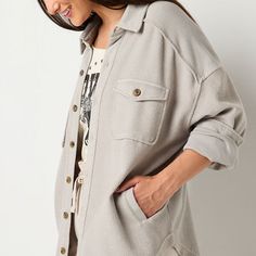 Style warmly while wearing this shirt jacket from Arizona's junior's and women's collection. It's cut for an oversized-fit from soft cotton French terry and has a spread collar, button-flap chest pockets, long cuffed sleeves and a curved hem. Layer it over a t-shirt with jeans and sneakers.Closure Type: ButtonFit: Relaxed FitNeckline: Collar NeckPockets: 2 Chest Flap Pockets, 2 Side Slip PocketsSleeve Length: Long SleeveWarmth Factor: MidweightApparel Length: 28.5 Inches - Front, 30 Inches - Ba… Junior Shirts, Shirt Jackets, Green Jacket, Cuff Sleeves, Women Collection, Shirt Jacket, French Terry, Arizona, Coats Jackets