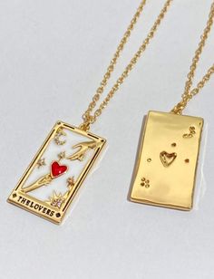 One of a kind delicate lovers tarot card pendant necklace with 18k gold plated pendant and chain with lobster clasp. Lovers Tarot Card, Tarot Card Necklace, Uno Card, Card Necklace, Dream Jewelry, Tarot Card, Tarot Cards, Pendant Necklaces, Gold Chain