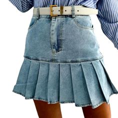 Introducing our 90s-inspired pleated women's denim skirt from the 2023 Summer Collection, a stylish homage to the decade's iconic fashion sense!Why You'll Fall In LoveSpecially designed for the trendy fashionista with a penchant for nostalgia, this denim skirt is a perfect balance of the 20th-century style and modern couture trends. Every detail, from its pleated fit to its mid-waist fit, promises to transform your look into an instant timeless.Unmissable Highlights: 90s-style: Embrace the decad Stylish Denim Skirt, Denim Skirts Online, Denim Pleated Skirt, Mini Skirt Denim, Pleated Denim Skirt, Short Pollera, Womens Denim Skirts, Pleated Denim, Denim Skirt Outfits