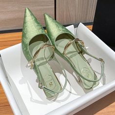 LBSFY - Satin Luxury Pointed Toe High Heels Women Fashion Designer Sandals Women Green Slingback Party Dress Shoes Muller Pumps Women Round Toe Sandals For Banquet In Summer, Summer Sandals With Round Toe For Banquets, Spring Ankle Strap Heels For Banquets, Summer Banquet Sandals With Round Toe, Spring Banquet Heels With Ankle Strap, Spring Banquet Ankle Strap Heels, Spring Party Kitten Heels, Spring Banquet Heels, Green Slingback Sandals With Heel Strap For Evening