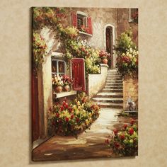 an oil painting on canvas of a house with flowers in the window and steps leading up to it