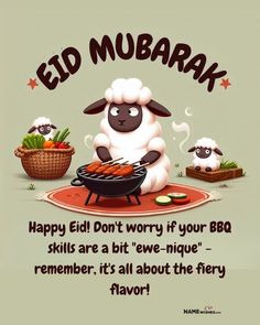 a cartoon sheep is cooking some food on a bbq grill with the words eid mubarak above it