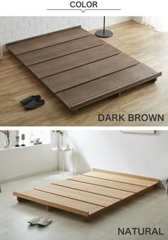 a bed frame made out of wood with the words dark brown on top and natural