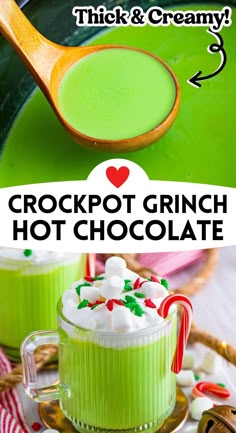 two mugs filled with green crockpot grin hot chocolate and candy canes