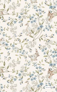 a wallpaper with flowers and rabbits on it