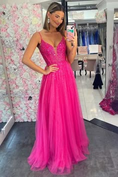 Hot Pink Tulle Dress, Hot Pink Homecoming Dress, Pink Tulle Prom Dress, Tulle Prom Dress Long, Prom Dress V Neck, Tulle Long Prom Dress, Pink Tulle Dress, A Line Prom Dress, Pink Gown