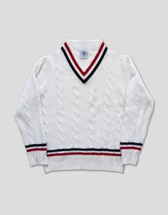 V-Neck Cable Knit Tennis Sweater White with red and blue stripes Classic Fit 100% Lambswool Made in Scotland Luxury Classic White Polo Sweater, Luxury White Classic Polo Sweater, Tennis Sweater Mens, White Knit Polo Sweater, White V-neck Knit Polo Sweater, Tennis Sweater, Core Wardrobe, Preppy Look, Blue Outfit