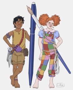 two cartoon characters standing next to each other holding giant pencils and paper clipboards