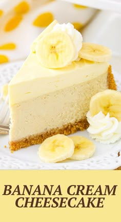 a slice of banana cream cheesecake on a white plate