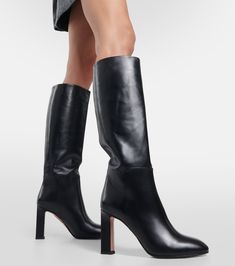 Sellier 85 Knee High Boots in Black - Aquazzura | Mytheresa Luxury Calf Leather Knee-high Boots, Luxury Knee-high Boots With Leather Lining For Work, Luxury Leather Knee-high Boots For Work, Luxury Knee-high Boots, Luxury Leather-lined Knee-high Boots For Work, Chic Tall Leather Mid-calf Boots, Leather Tall Heeled Boots For Work, Chic Leather Mid-calf Boots, Tall Leather Heeled Boots For Workwear