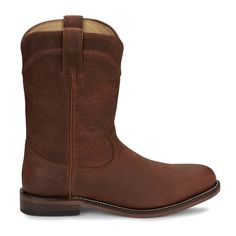 This 10 inch tall men's cowboy boot is a refined classic. Its durable full grain leather and classic toe shape and leather outsole set this boot apart. The round toe and unit block heel provide a relaxed fit in and out of the stirrup and the cushioned insole supports the foot for lasting comfort. $194.95 Round Toe Cowboy Boots, Mens Cowboy, Mens Cowboy Boots, Justin Boots, Rounded Toe Boots, Cowboy Boot, Stitching Leather, Tall Guys, Casual Boots