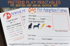 this is an image of printable pet information cards for dogs and cats with the words pretend play printables written on them