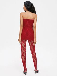 Lace Mesh Plain Tube Dress With Tights Two-Piece Set Fitted Thigh High Tights For Party, Fitted Thigh-high Tights For Party, Tight Red Party Tights, Tight Red Tights For Party, Red Party Tights, Red Tights For Party, Fitted Strapless Bodysuit For Date Night, Red Thigh-high Tights For Party, Summer Party Stretch Tights