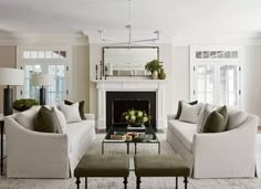 a living room filled with furniture and a fire place in the middle of a room