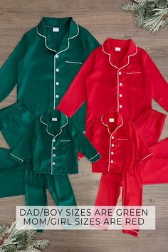 Red & Green Silk Family Pajamas Coordinating Christmas Pajamas Family, Matching Christmas Pajamas Family Aesthetic, Cute Family Christmas Pajamas, Vintage Christmas Pajamas, Holiday Pajamas Family, Satin Christmas Pajamas, Coordinating Christmas Pajamas, Christmas Silk Pajamas, Christmas Family Pajamas Ideas