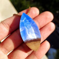 a hand holding a blue and white pendant with a dog in the middle on it