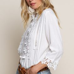 Bestseller!! Darling White Lace Base, Slight Mock Neck With And Button Front. Measurements: Small - Pit To Pit: 18. Inches, 23" L Medium - Pit To Pit: 19 Inches, 23" L Large - Pit To Pit: 20 Inches, 24" L Model Is 5"8" Tall Cotton Blend Brand New With Tags! If You Love Free People, Johnny Was Or Anthroplogie Style - Check Out Our Closet! Resort Summer Festival Birthday Date Night Cruise Bohemian Vintage Flirty Hippie Bohemian Chic Trendy Maxi Coverup Beach Tropical Vacation Coachella Tunic Lulul Casual White Blouse With Boho Collar, Chic Button-up Blouse With Lace Top, Chic Button-up Lace Blouse, Chic Lace Top Button-up Blouse, Spring Bohemian Daywear Blouse, Spring Daywear Tops With Boho Collar, Feminine Spring Tops With Boho Collar, Feminine Boho Collar Tops For Spring, Bohemian Blouse With 3/4 Sleeves For Daywear