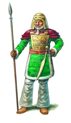 an old man dressed in green and gold with a spear