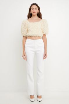 ENDLESS ROSE - Mesh Trimmed Puff Sleeve Top - TOPS available at Objectrare Fitted Puff Sleeve Crop Top For Party, Spring Party Crop Top With Puff Sleeves, Fitted Puff Sleeve Top For Summer Evenings, Fitted Puff Sleeve Top For Summer Party, Chic Puff Sleeve Crop Top For Party, Feminine Crop Top For Party, Summer Party Fitted Puff Sleeve Top, Puff Sleeve Top For Summer Evenings, Feminine Cropped Blouse For Party