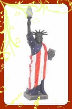 the statue of liberty has music notes all over it's body and hands as well as an american flag