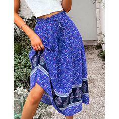 Blue Bohemia Print Lace-up Boho Skirt Blue Bohemian Bottoms With Boho Print, Bohemian Blue Bottoms With Boho Print, Blue Maxi Skirt With Elastic Waistband For Vacation, Blue Boho Print Hippie Bottoms, Blue Boho Print Flowy Maxi Skirt, Blue Boho Print Maxi Skirt, Bohemian Purple Bottoms With Floral Print, Blue Boho Print Maxi Skirt For Vacation, Blue Hippie Bottoms With Boho Print