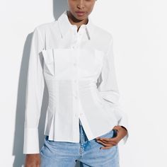 Bought In Store During Sale. New With Tags Corset Style Poplin Shirt S White Ref. 4437/059 Elegant Poplin Tops For Office, Elegant Poplin Tops For The Office, Elegant Collared Poplin Top, Elegant Poplin Tops, Formal Poplin Blouse For Spring, White Long Sleeve Poplin Tops, Elegant Long Sleeve Poplin Top, Chic Collared Poplin Top, Elegant Summer Poplin Tops