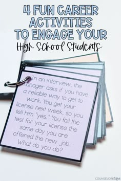 four cards with the words 4 fun career activities to engage your high school students on them