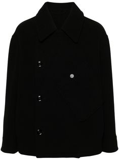 black wool brushed effect double-breasted button fastening wide notch lapels front patch pocket drop shoulder long sleeves straight hem City Shorts, Balenciaga Triple S, Dress Watch, Custom Watch, Summer Beach Wear, Short Suit, Mens Outerwear, Outerwear Coats, Light Jacket