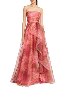 Shop THEIA Fahreta Floral Strapless Gown | Saks Fifth Avenue Organza Evening Gown, Patterned Formal Dress, Floral Formal Gown, Western Ceremony, Formal Floral Dress, Floral Gowns, Floral Evening Gown, Theia Couture, Gown Rental