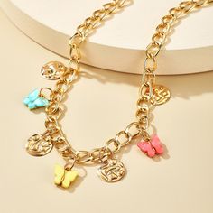 Geometric Necklace Women's Colorful Acrylic Butterfly Cuban Necklace Summer Multicolor Clavicle Chain Jewelry, Multicolor Long Necklace For Summer, Multicolor Delicate Chain Jewelry For Party, Spring Gold Jewelry With Butterfly Charm, Multicolor Metal Pendant Charm Necklaces, Multicolor Adjustable Clavicle Chain Necklace, Spring Jewelry Chain As A Gift, Adjustable Multicolor Clavicle Chain Necklace, Spring Season Jewelry Gift With Chain Detail