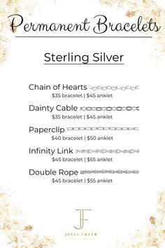 Give a gift that lasts forever! Permanent jewelry (aka forever jewelry) is a piece of jewelry custom fit to your body, then welded shut to stay on forever (or until you decide to cut it off). Bracelets are the most common choice, but anklets are available, too. Tired of fighting with clasps or forgetting to put on your jewelry? Permanent jewelry is the perfect solution! Chains and charms are available in 14K gold and sterling silver. Chain prices range from $35 - $200, and charm prices range fro Tarnish Resistant Silver Jewelry For Anniversary Gift, Silver Tarnish-resistant Jewelry For Anniversary Gift, Adjustable Cable Chain Jewelry For Anniversary, Gift White Gold Sterling Silver Cable Chain Bracelet, Gift White Gold Sterling Silver Bracelet With Cable Chain, Adjustable Sterling Silver Bracelet For Anniversary, Chain Of Hearts, Sale Emails, Permanent Jewelry