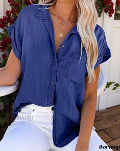 Bormay - Stylish and Sophisticated Premium Denim Shirt with Flip Collar: Perfect for Casualwear in Solid Colors Shirt Elegant, Polo Collar, Premium Denim, Three Quarter Sleeves, Casual Attire, Quarter Sleeve, Denim Shirt, Types Of Collars, Sleeve Type