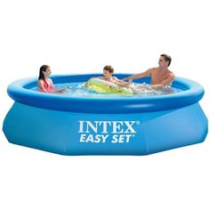 an intex easy set swimming pool with three people in it