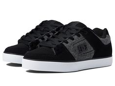 DC Pure - Men's Skate Shoes : Black/Grey/Black : Stay true to your style with the classic and ride-ready profile of the DC Pure skate shoes. Skateboard shoes with uppers of durable leather or suede. Lightweight mesh tongue and upper panels. Perforated upper panels and collar. Internal elastic holders for added foot stability. Extremely gummy DGT PLUS rubber front sole wall. Innovative, patent-pending DGT rubber bottom for enhanced board control and durability. Sole design provides excellent grou Lace-up Skating Sneakers With Rubber Sole, Urban Lace-up Sneakers For Skating, Mid-top Synthetic Skate Shoes With Rubber Sole, Low-top Skate Shoes With Rubber Sole, Urban Skate Shoes With Round Toe, Urban Skate Shoes With Round Toe For Skating, Sporty Low-top Skate Shoes With Padded Tongue, Sneakers With Gum Sole And Round Toe For Skating, Gum Sole Sneakers For Skating