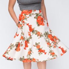 Agnes & Dora Xl Midi Skirt Botanical Beauty In Orange On Beige Nwt In Original Dust Bag Size - Xl You Will Fall In Love With The Fit And Flow Of This Skirt. It's A Perfect For A Night Out, Or Chasing The Kids Around The House. - Rayon/Spandex - High Waisted Fit - Flirty Fabric Drape - Pockets - Below The Knee - Made In The Usa Xs-0-2 S -4-6 M-8-10 L-12-14 Xl-16-18 Xxl-18-22+ Feel Free To Contact Me Anytime If I Can Answer Any Additional/More Specific Questions Regarding Sizing Of Specific Items Chic Orange Floral Print Skirt, Orange Floral Print Skirt, Orange Flared Skirt For Spring, Chic Knee-length Orange Skirt, Chic Orange Knee-length Skirt, Chic Orange Skirt For Spring, Chic Orange Spring Skirt, Fitted Orange Midi Skirt, Orange Lined Midi Skirt