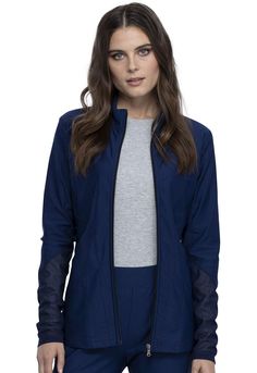 PRICES MAY VARY. Women Long Sleeve Warm Up Jacket Back Length: 26" Zip Front Pocket This zip front, mock-neck jacket is form flattering and stylish. It features front zip pockets, multiple active-inspired seams, and power mesh insets at sleeves and racer back panel. Contemporary Fit. Center Back: 26" Medical Outfit, Scrub Jackets, Safety Clothing, Lifestyle Clothing, Racer Back, Neck Designs, Mock Neck, Women's Jacket, Scrubs