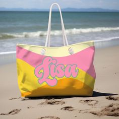 Thank you for shopping my small Etsy gift shop. Please shop my store for other  beach inspired items and gifts.https://sandandsunvibebylr.etsy.com    Retro Personalized Beach Bag Tote. Perfectly oversize to carry all your beach or pool needs, or to use for shopping.   You can choose Pink or Orange font personalization or no personalization. Personalization would appear on both sides. The wave design is different on both sides of the bag as shown on the photos.  This bag is professionally printed Personalized Trendy Multicolor Bag, Personalized Multicolor Trendy Bag, Trendy Personalized Multicolor Bag, Personalized Tote Bag For Summer, Fun Summer School Bags, Rectangular Beach Bag With Letter Print For Travel, Rectangular Letter Print Beach Bag For Travel, Playful Summer Beach Bag For Travel, Travel Beach Bag With Letter Print