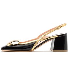 Step out in style with these Black Gold Patent Leather Buckle Slingback Pumps. Featuring a chic buckle detail and a comfortable block heel, these pumps are perfect for any occasion. Color: Black and gold Material: Patent leather Heel Type: Block heel Heel height: 2.36" / 60 mm approx Product measurements were taken using size 8. Please note that measurements may vary by size. Toe: Square toe Golden chrome pebbles embellishment Delicate cut-out on the side Adjustable buckle strap Handcrafted US s Luxury Slingback Pumps With Buckle And Block Heel, Luxury Black Slingback Pumps With Square Toe, Luxury Slingback Pumps With Buckle Closure And Block Heel, Party Slingback Pumps With Ankle Strap And Gold-tone Hardware, Office Slingback Pumps With Block Heel And Buckle Closure, Luxury Heels With Gold Buckle, Elegant Open Toe Heels With Gold Buckle, Luxury Formal Heels With Gold Buckle, Luxury Gold Buckle Heels For Formal Occasions