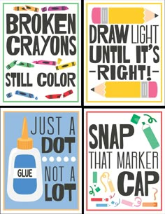 four posters with different types of crayons on them