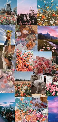 a collage of pictures with flowers and clouds in the background, including an image of a woman wearing a hat