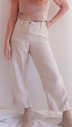 100% linen features side pockets, back pockets, belt loops. Size 8 Measurements: Waist: 32" Hips: 42" Rise: 10.5" Inseam: 25" Leslie is 5'3" and a size 4 Spring Linen Pants With Hip Pockets, Relaxed Fit Linen Cargo Pants With Pockets, Linen Straight Cargo Pants With Side Pockets, Relaxed Fit Flax Bottoms With Pockets, Beige Linen Cargo Bottoms, Linen Straight Leg Bottoms With Side Pockets, Linen Utility Bottoms With Side Pockets, Linen Straight Pants With Side Pockets, Spring Linen Bottoms With Hip Pockets