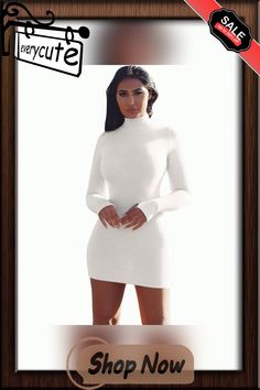 White High Neck Long Sleeve Bodycon Dress White Turtle Neck, Turtle Neck Long Sleeve, Long Sleeve Turtleneck Dress, Mini Dress White, Dresses Bodycon, Sleeve Bodycon Dress, High Neck Long Sleeve, Long Sleeve Turtleneck, Bodycon Dresses