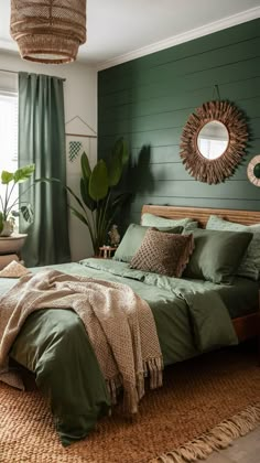 a bedroom with green walls and bedding in front of a large mirror on the wall